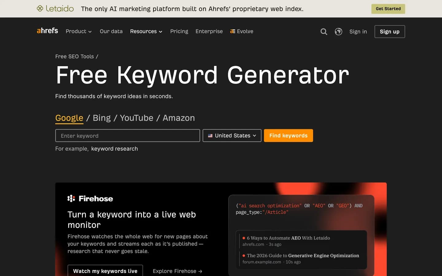 Ahrefs Free Keyword Generator for Google, Bing, YouTube and Amazon