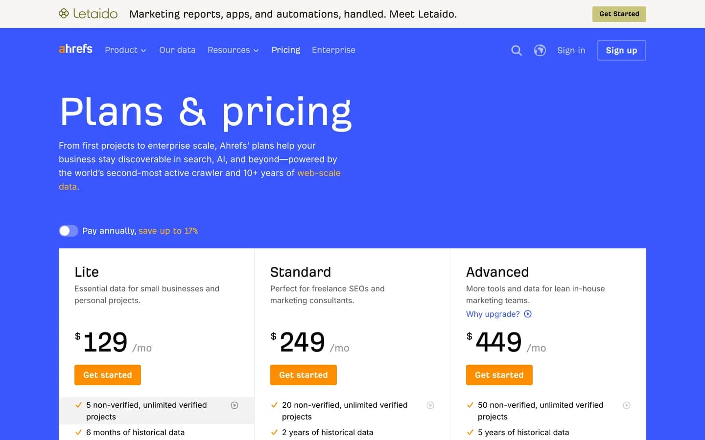 Page des tarifs Ahrefs en octobre 2026 : Lite 129 $, Standard 249 $ et Advanced 449 $ par mois