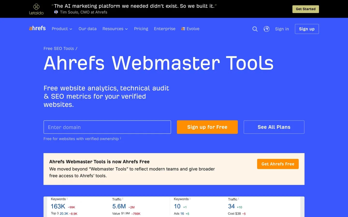 Page d'accueil d'Ahrefs Webmaster Tools (Ahrefs Free)