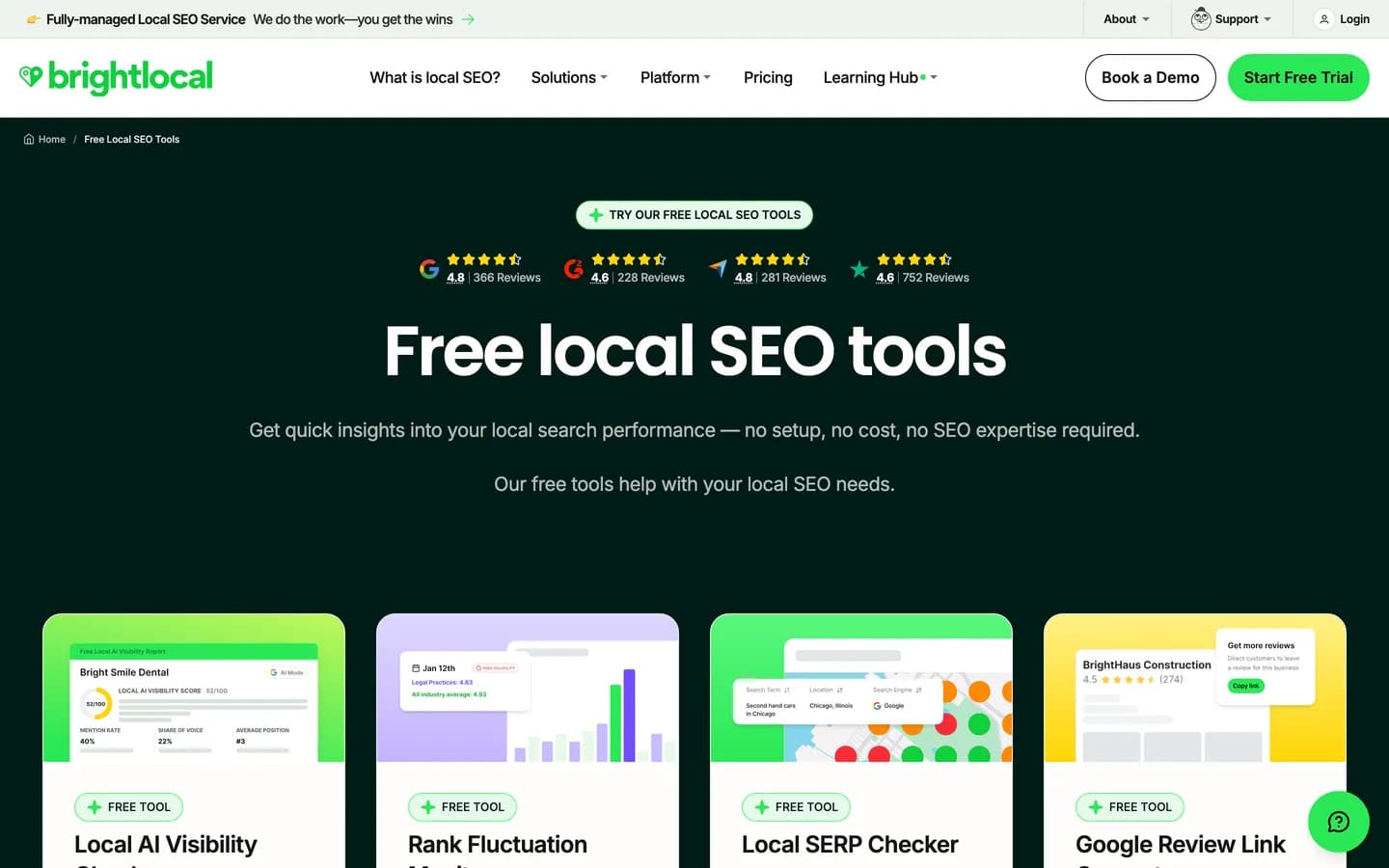 Page des outils SEO local gratuits de BrightLocal