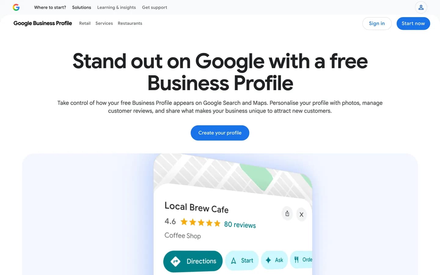 Page d'accueil de Google Business Profile