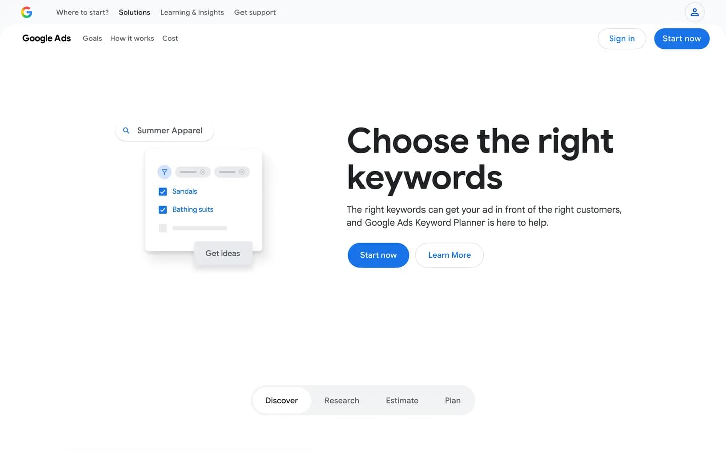 Page d'accueil de Google Keyword Planner