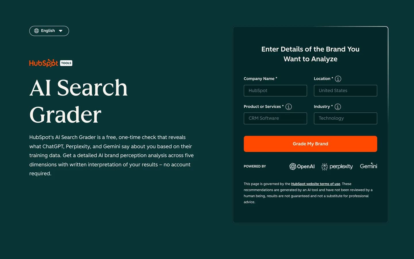 Page de l'AI Search Grader de HubSpot