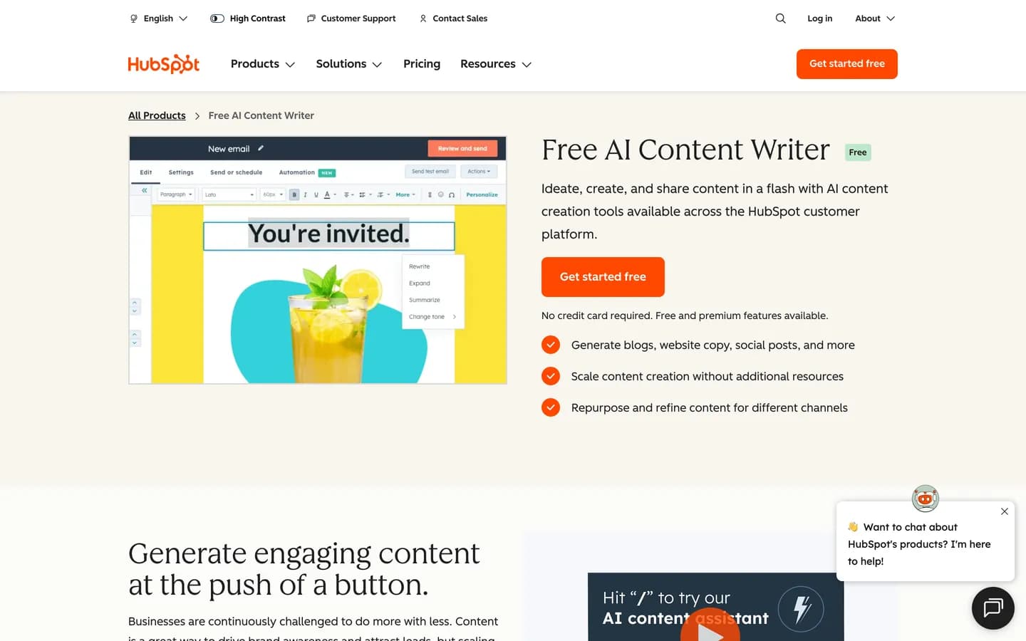 HubSpot free AI content writer page
