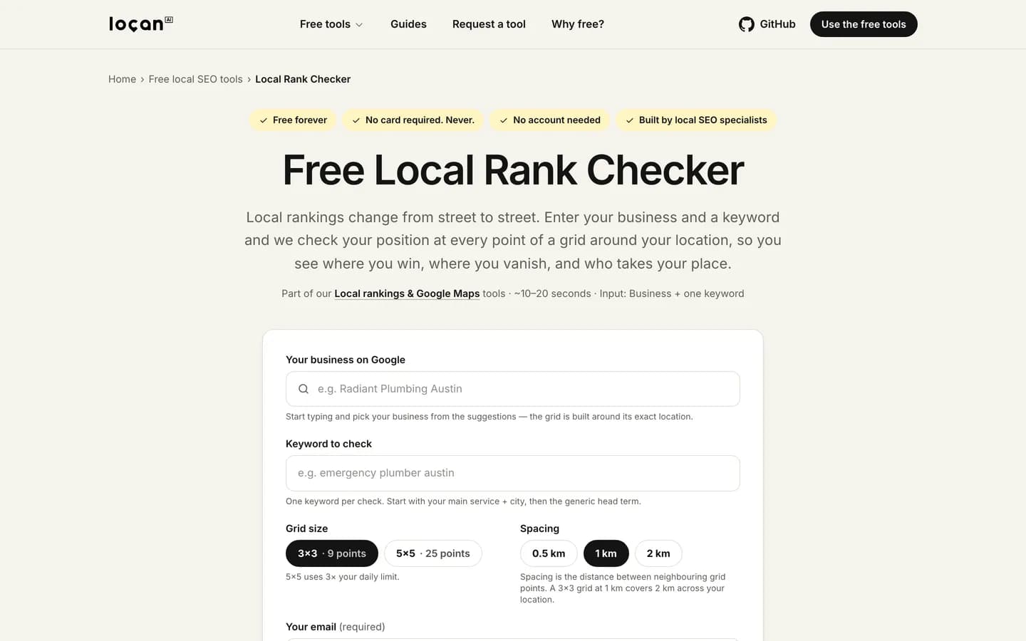 Local Rank Checker gratuit de Locan et ses réglages de grille Google Maps