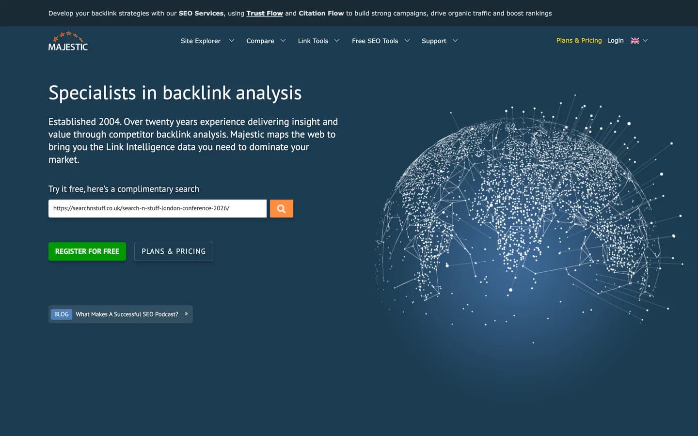Screenshot of the Majestic homepage