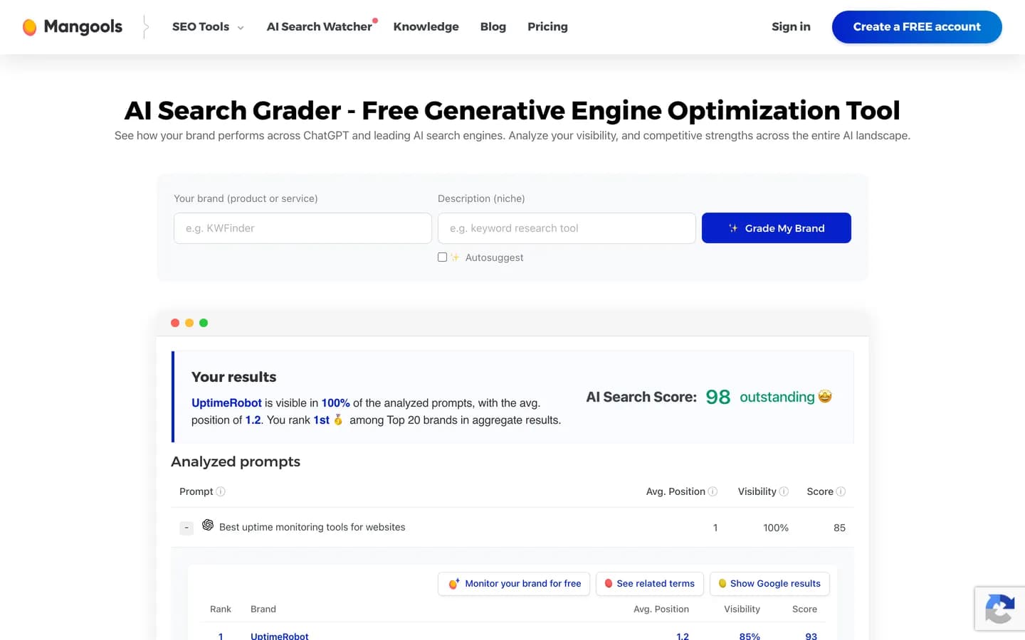 Mangools AI Search Grader page