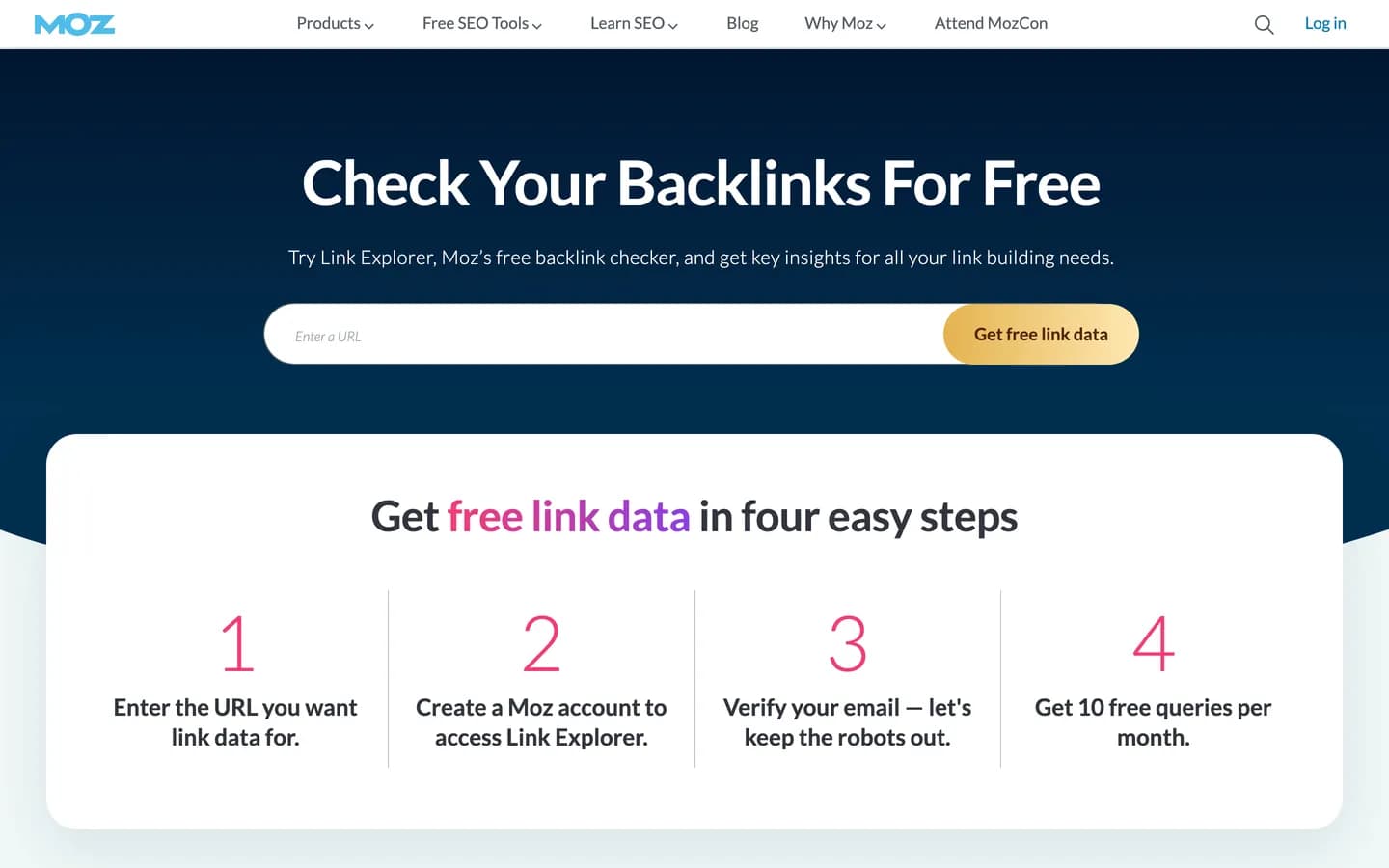Moz Link Explorer, the free backlink checker with 10 free queries a month