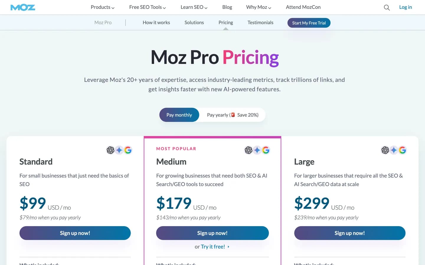 Moz Pro pricing page in October 2026: Standard $99, Medium $179 and Large $299 a month