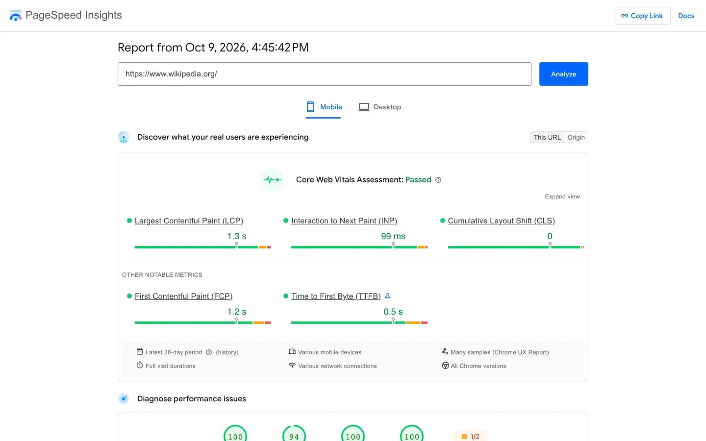 Rapport mobile PageSpeed Insights avec l'évaluation des Core Web Vitals