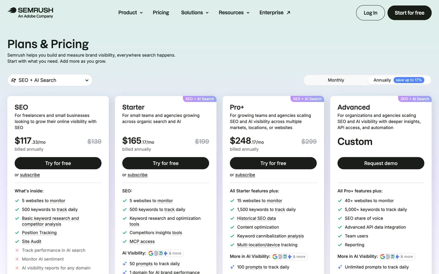 Semrush pricing page in October 2026: SEO $139, Starter $199 and Pro+ $299 a month