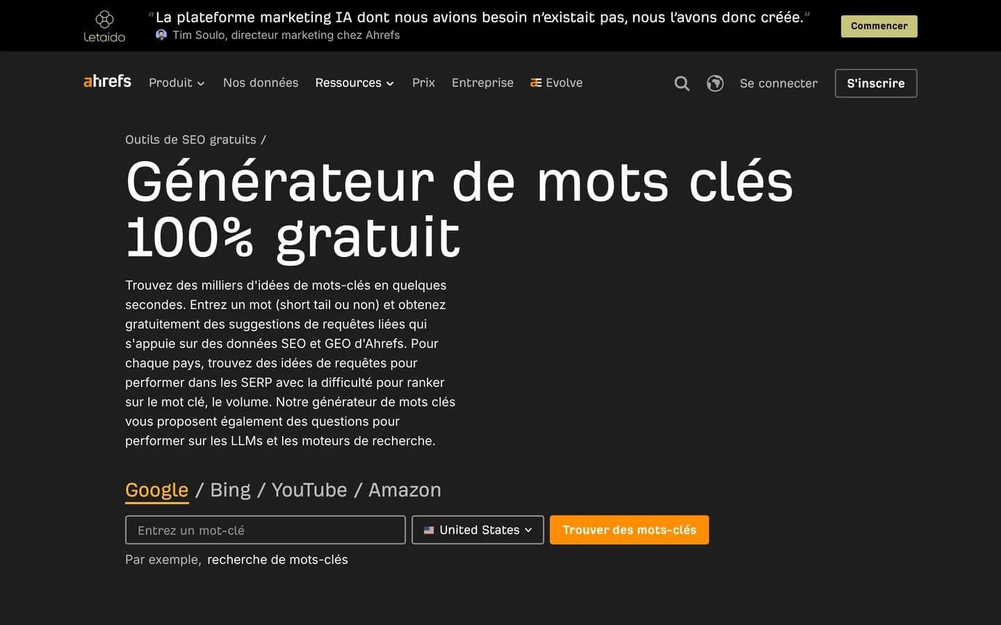 Générateur de mots-clés gratuit d'Ahrefs pour Google, Bing, YouTube et Amazon
