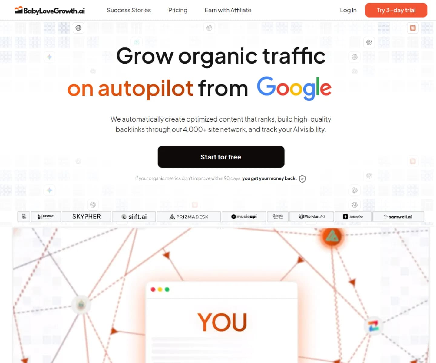 Capture d'écran de la page d'accueil de BabyLoveGrowth.ai, qui promet de faire grossir le trafic organique en autopilote depuis Google