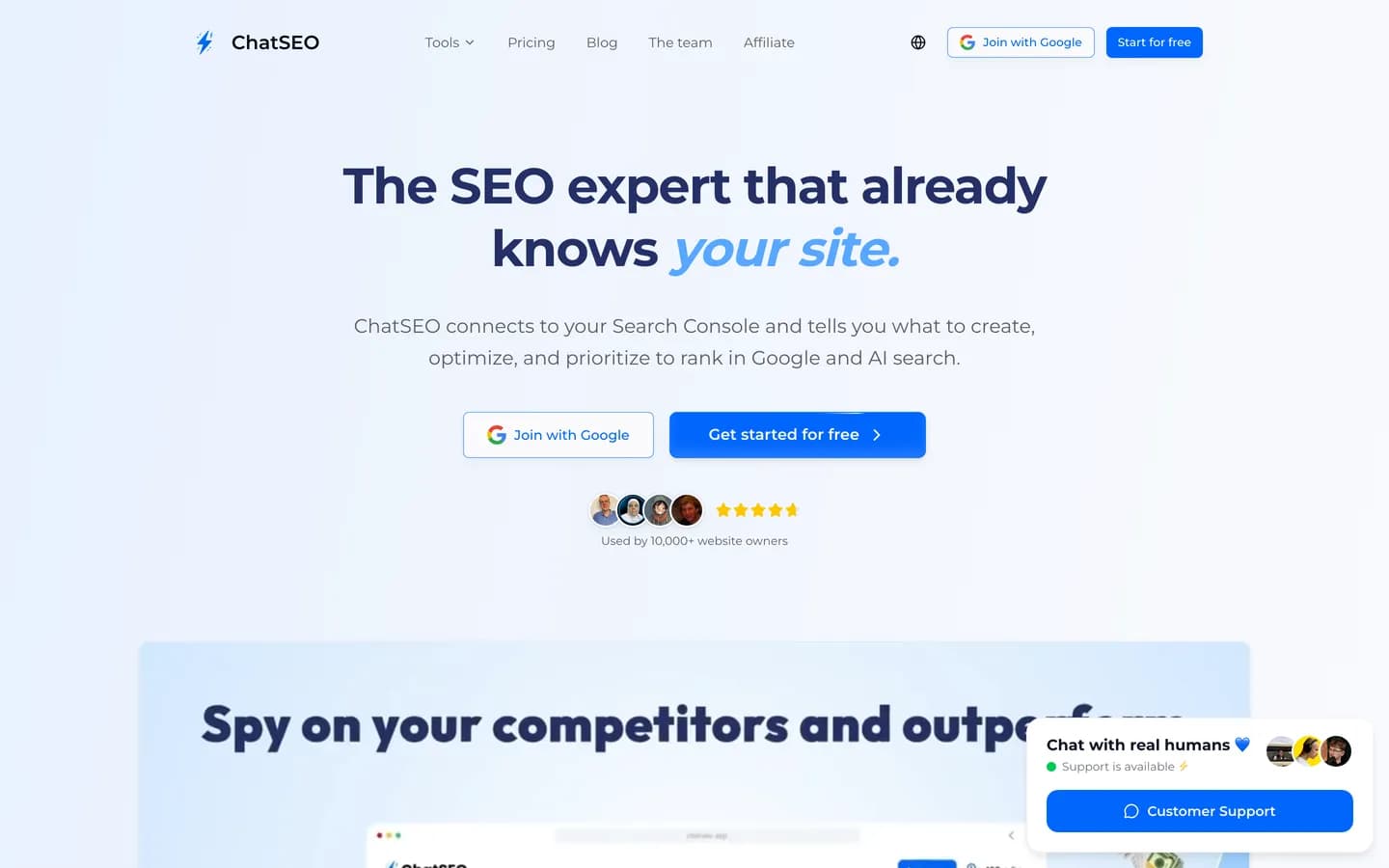 Screenshot of ChatSEO: the AI SEO agent that connects to your Google Search Console and tells you what to create and optimize