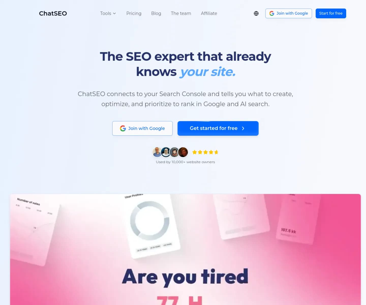 Screenshot of the ChatSEO homepage: the SEO expert that already knows your site, connected to your Search Console