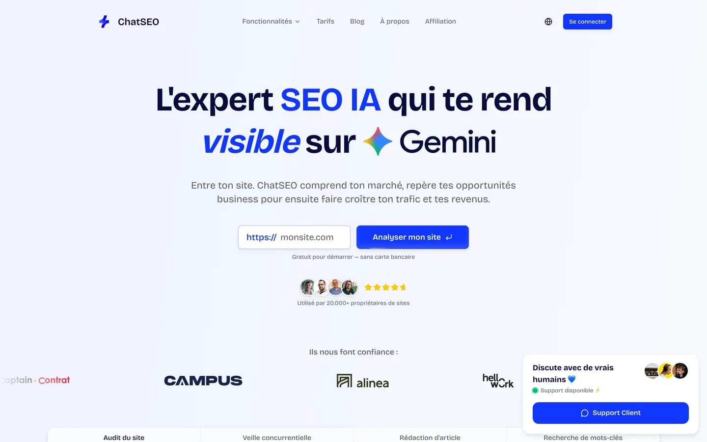 Page d'accueil de ChatSEO, l'expert SEO IA