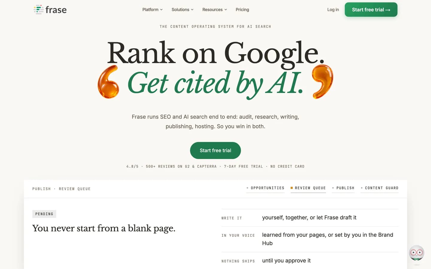 Frase homepage: Rank on Google, get cited by AI