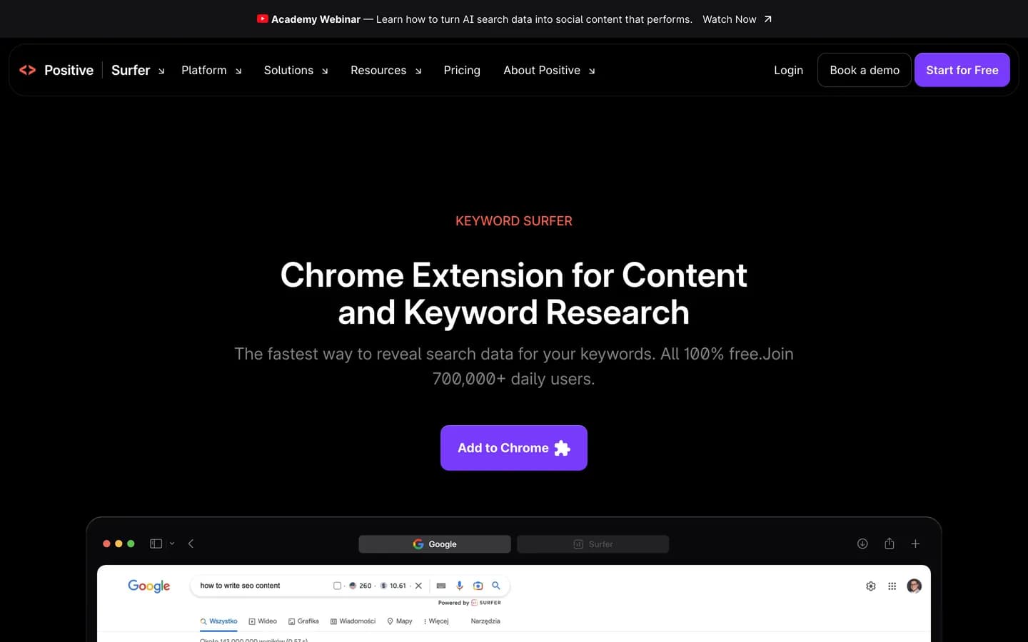 Keyword Surfer, Surfer's free Chrome extension for keyword research