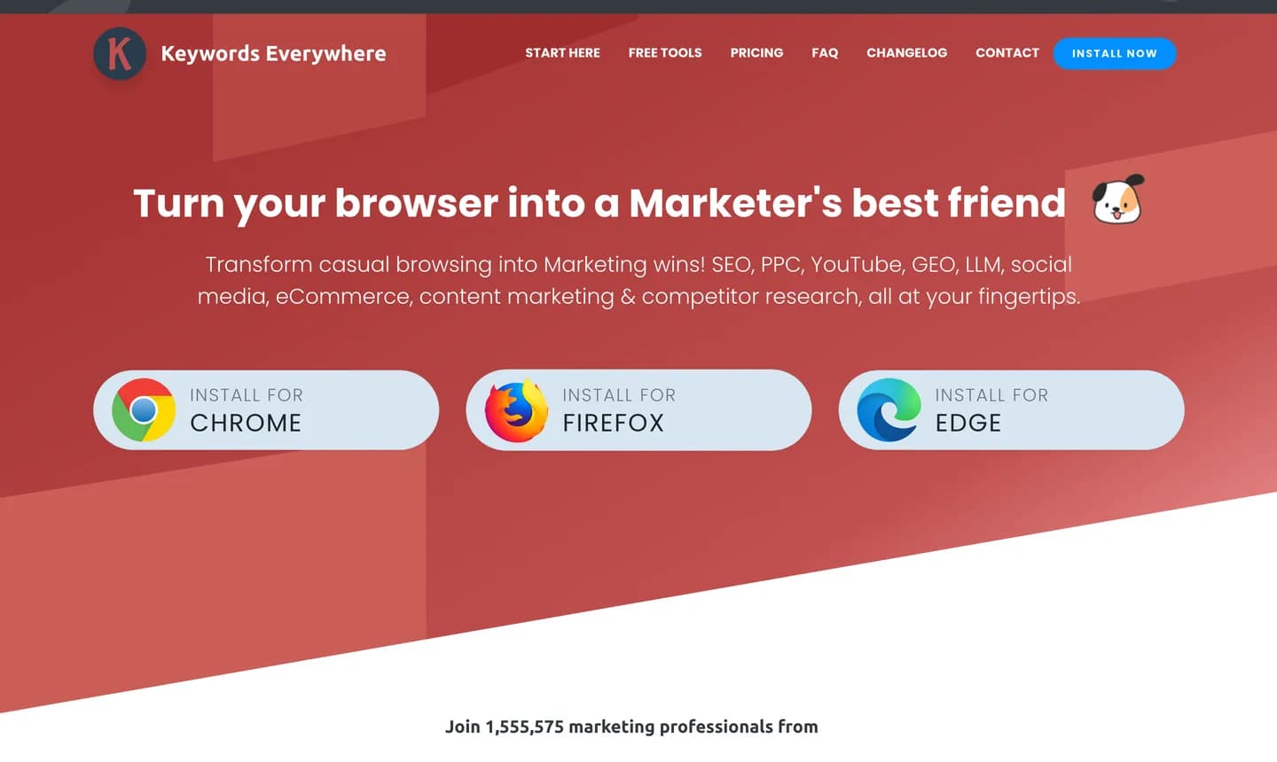 Page d'accueil de Keywords Everywhere avec les extensions Chrome, Firefox et Edge