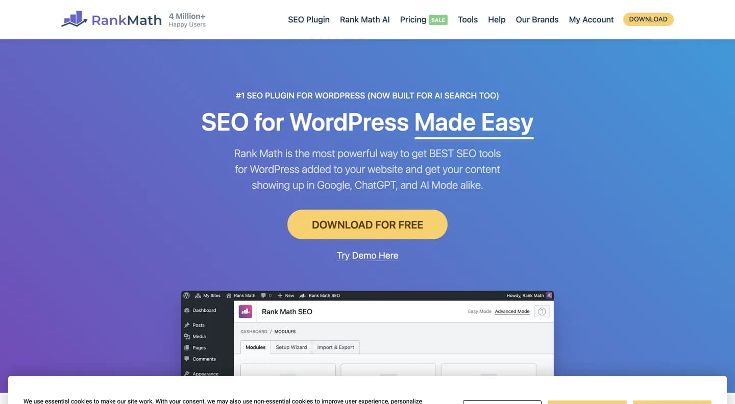 Rank Math homepage, SEO plugin for WordPress