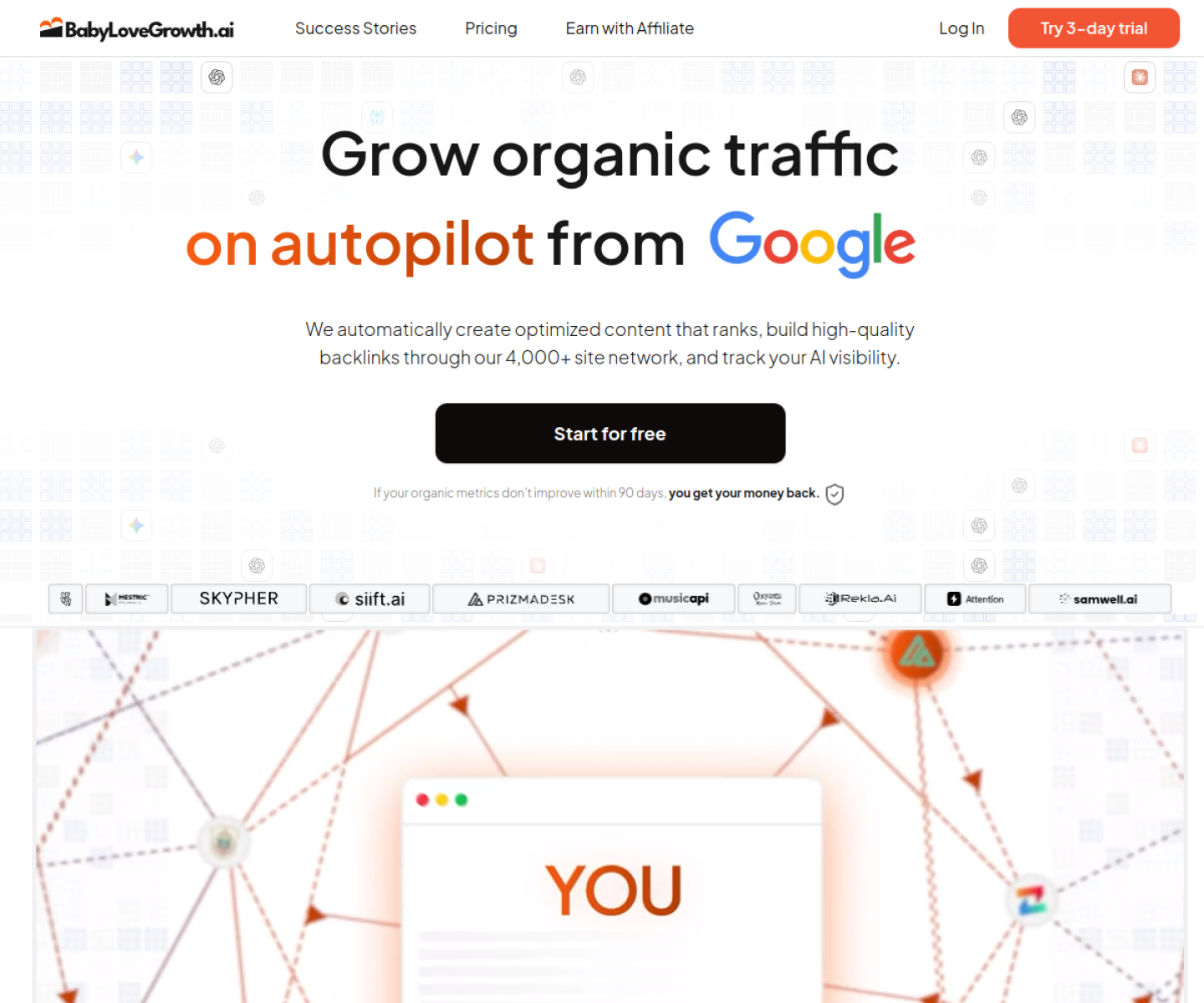 Capture d'écran de la page d'accueil de BabyLoveGrowth.ai, qui promet de faire grossir le trafic organique en autopilote depuis Google