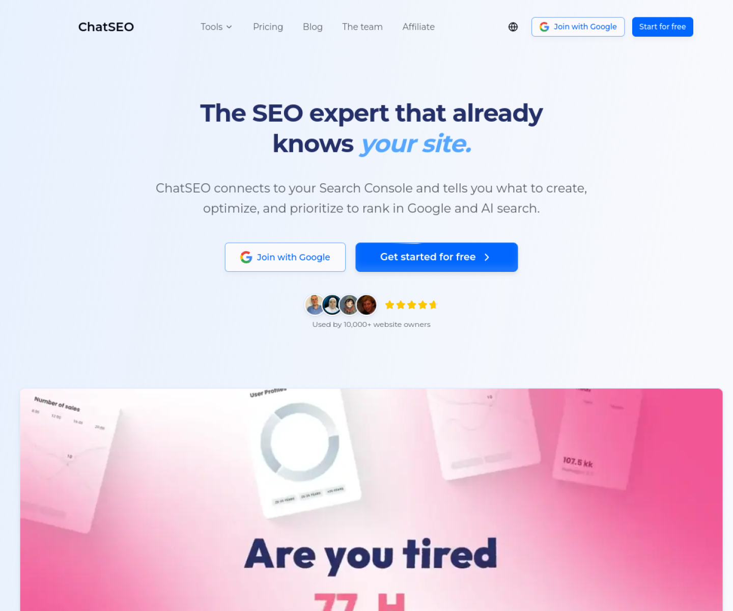 Capture d'écran de la page d'accueil de ChatSEO : l'expert SEO qui connaît déjà votre site, connecté à votre Search Console