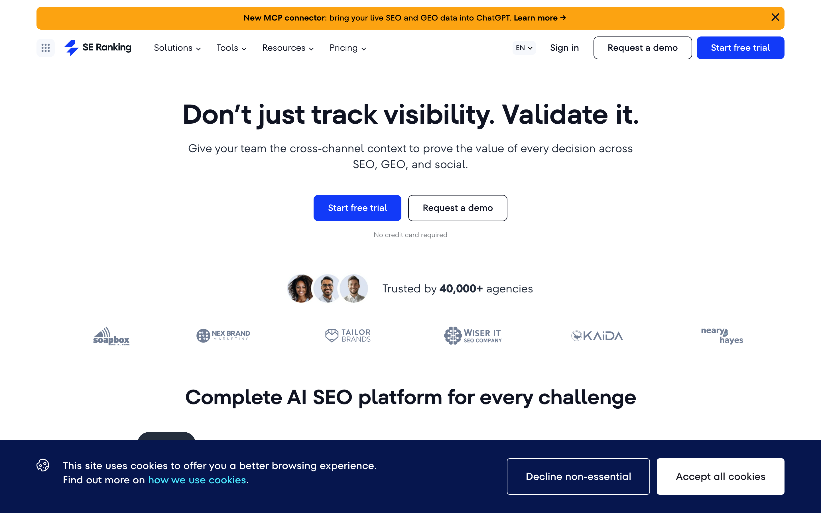 Screenshot of the SE Ranking homepage