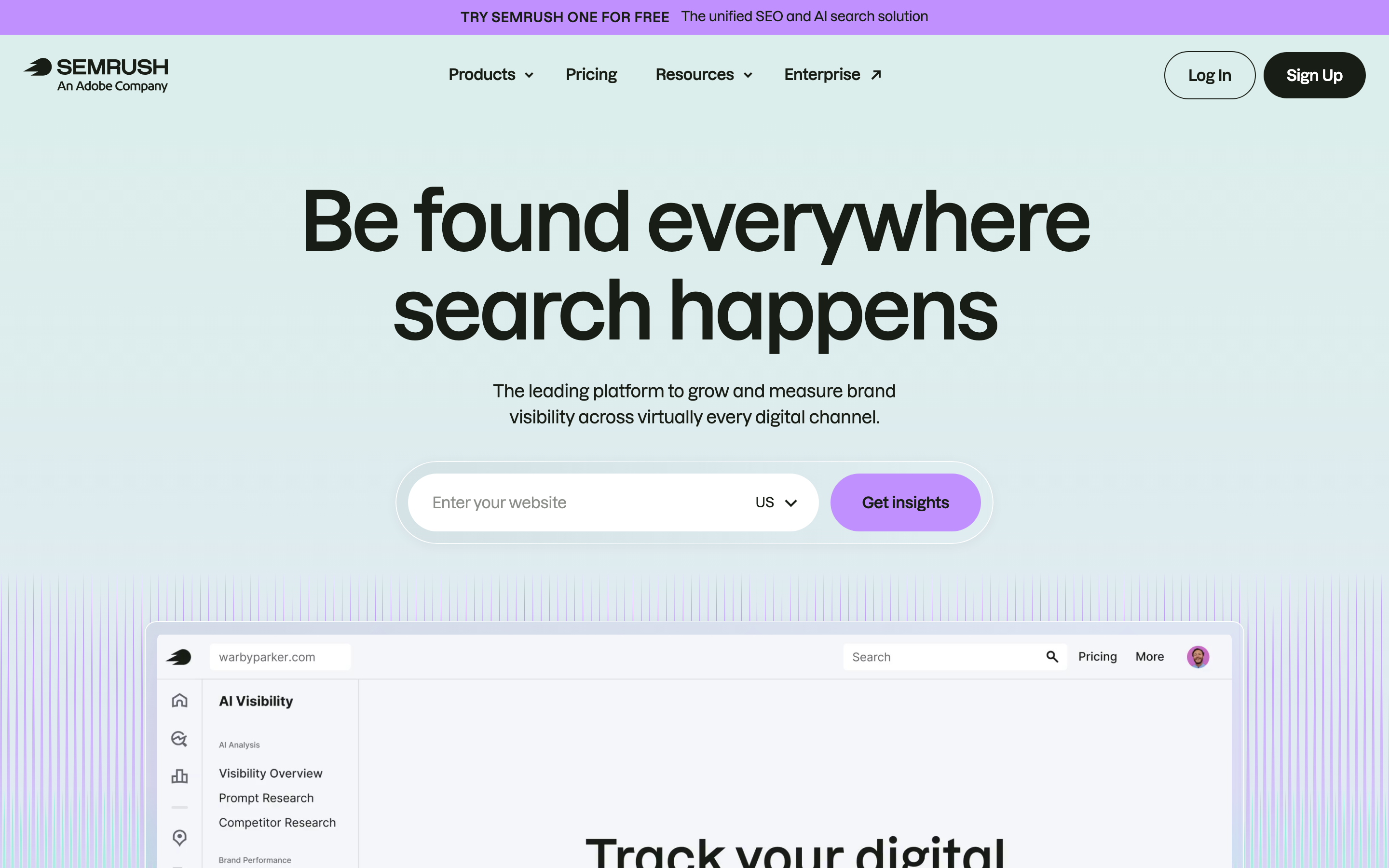 Page d'accueil de Semrush
