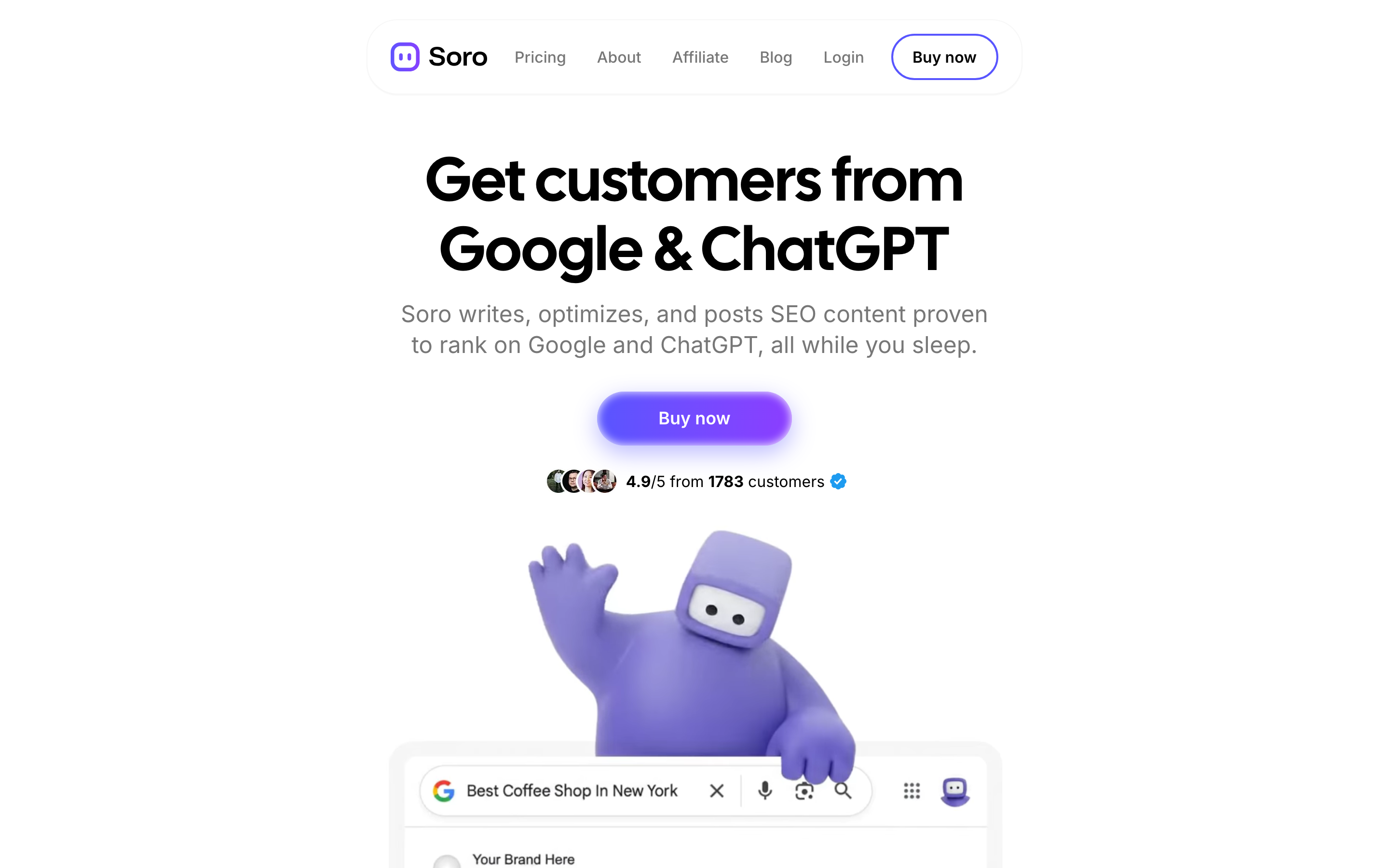Screenshot of the Soro homepage: the tool promises customers from Google and ChatGPT, with a single Buy now button